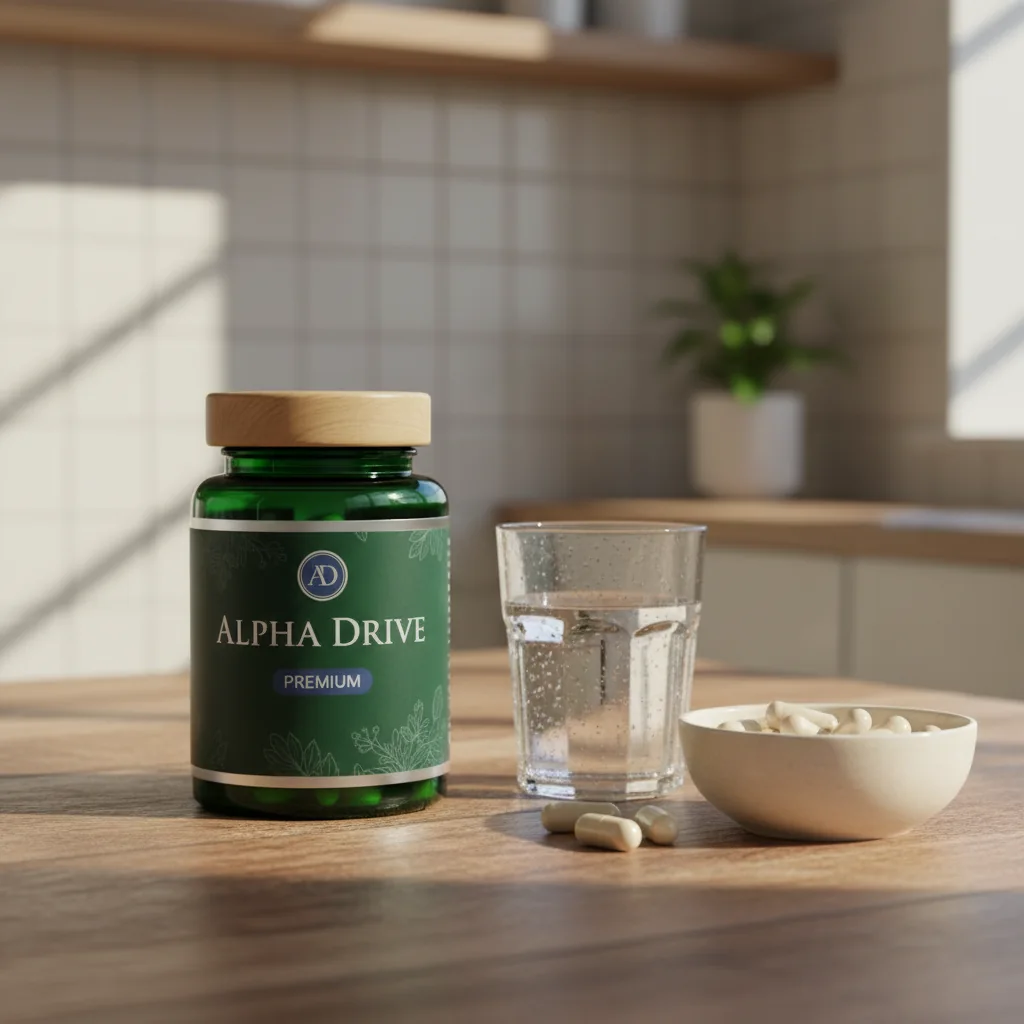 Alpha Drive -purkki puisella pöydällä veden ja kapseleiden vieressä
